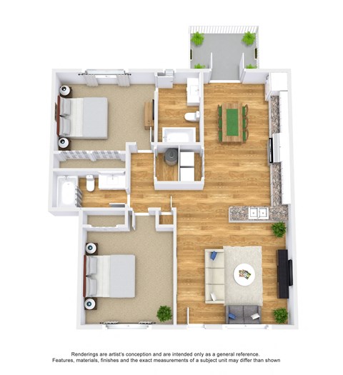Floor plan for 2 beds, 2 baths, 1050 sqft